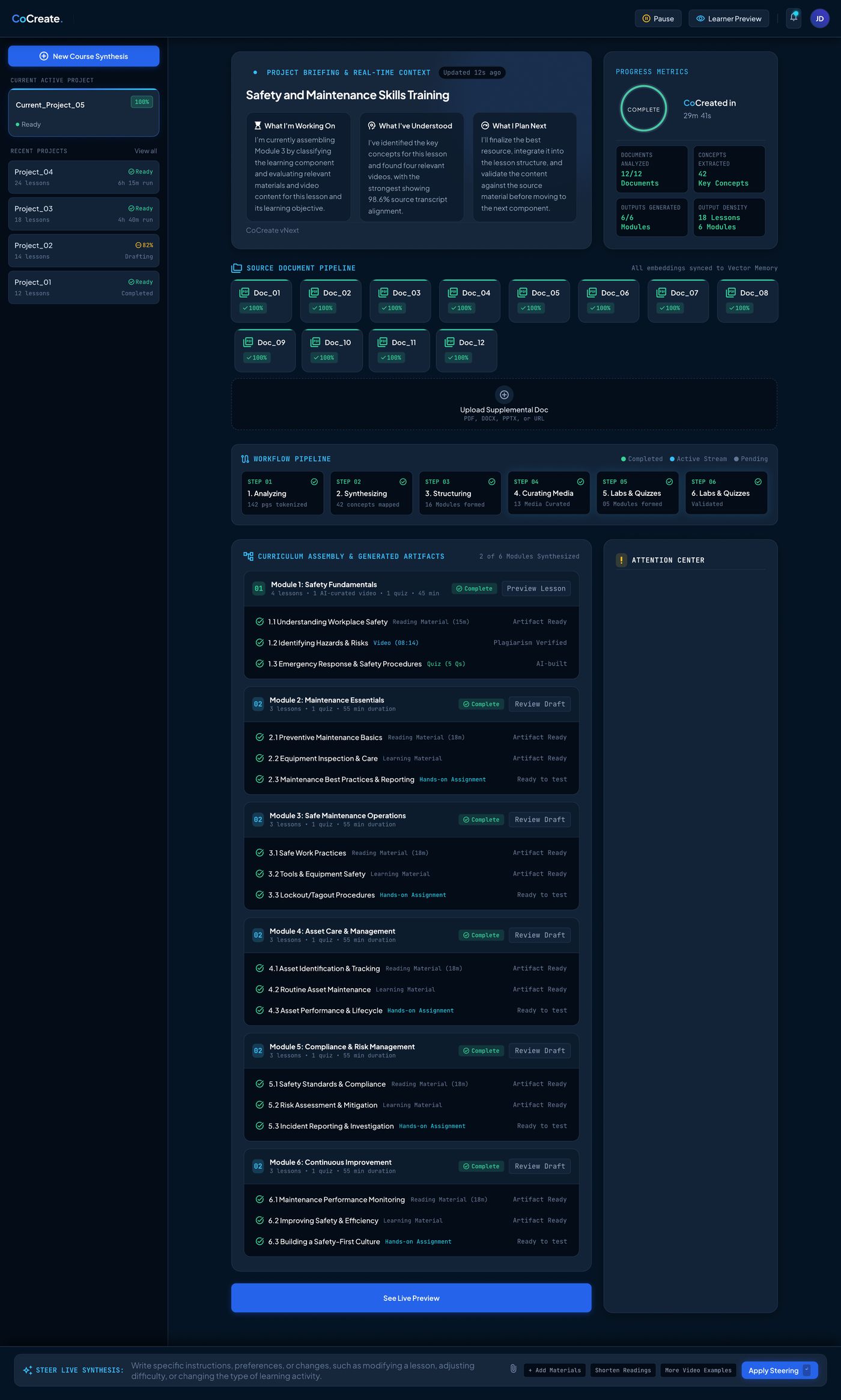 Final review dashboard showing all six modules complete with a see live preview button