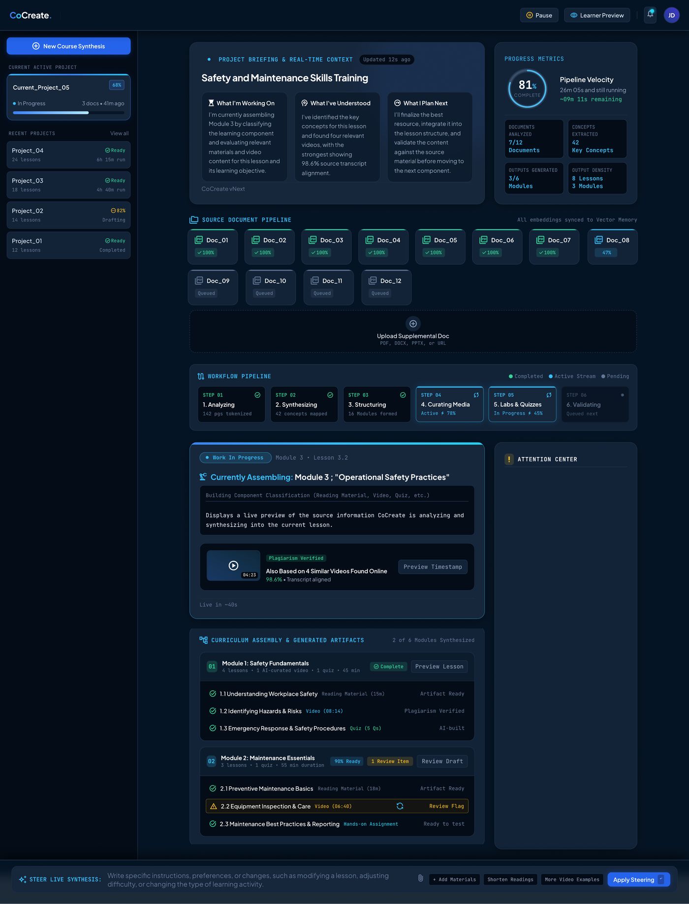 Attention center showing a flagged video with recommended fix options while module two shows a review flag