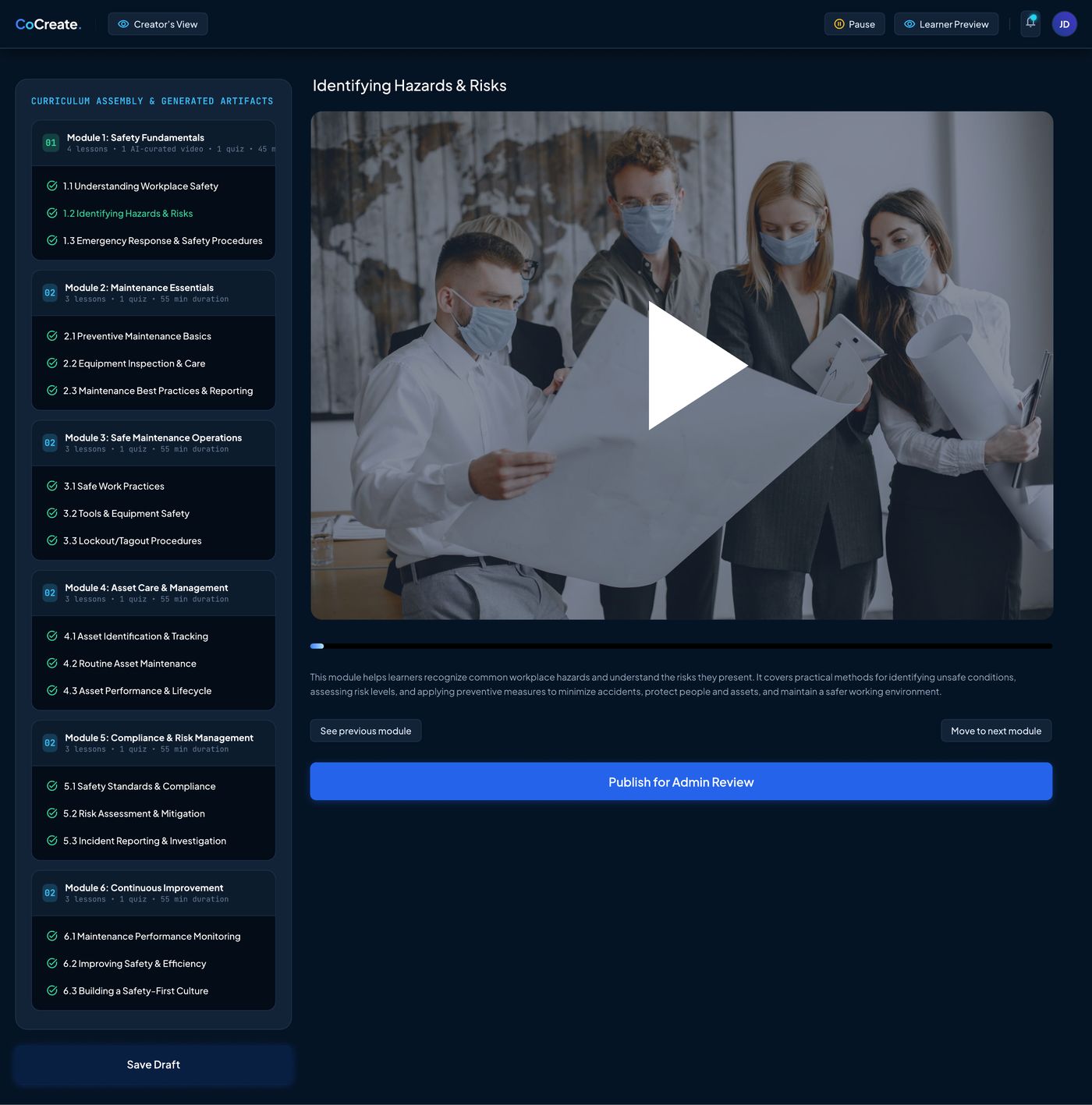 Live preview of a finished lesson with video player and publish for admin review button